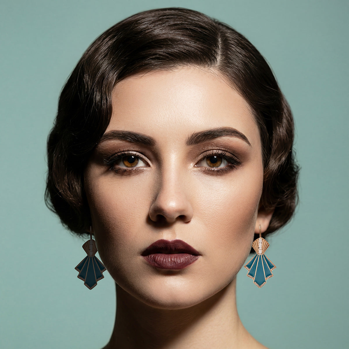 Teal Gold Deco Fan Earrings
