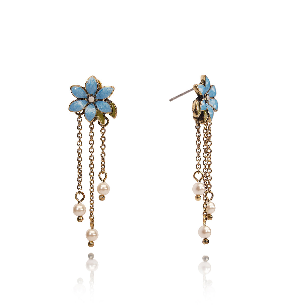 Long pearlised blue flower drop earrings Lovett & Co