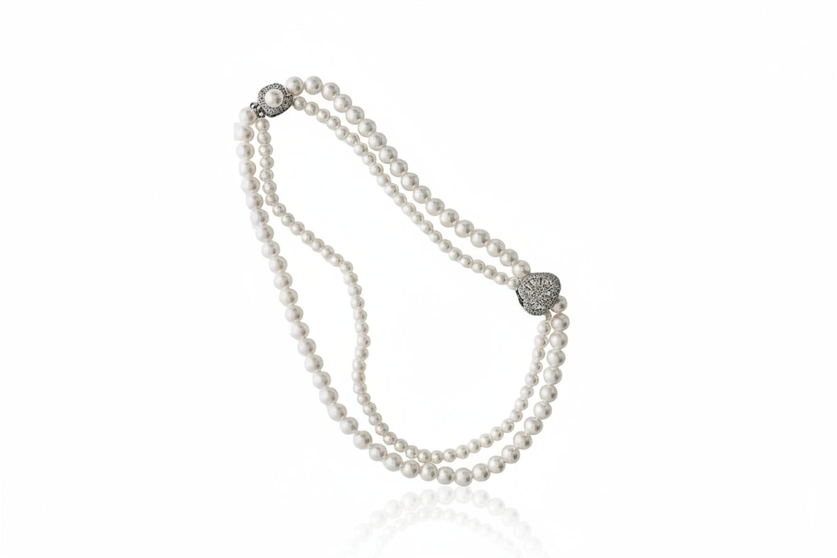 Grace Kelly 2 Row Pearl and Diamante Necklace and Earrings Gift Set by Lovett & Co