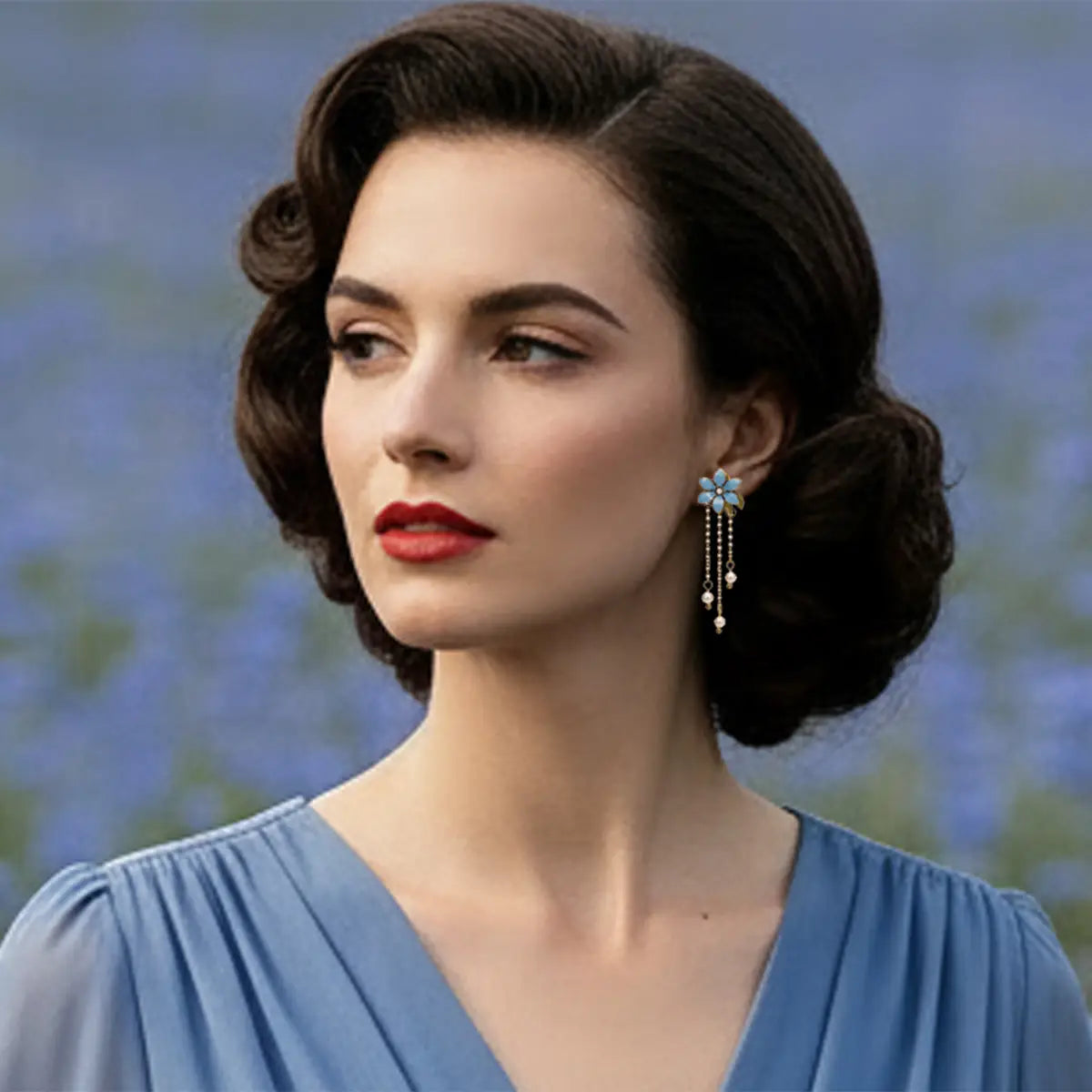 Long pearlised blue flower drop earrings Lovett & Co