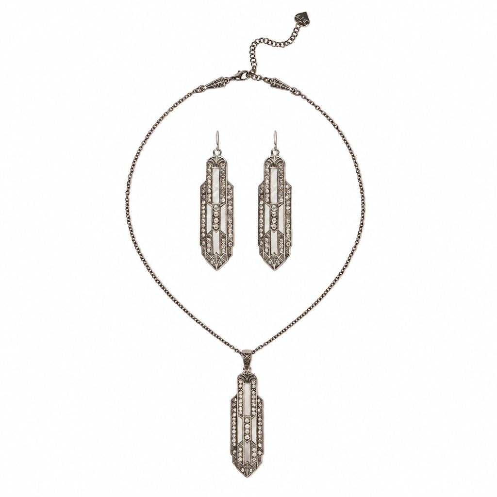 Art Deco earrings centred inside the necklace