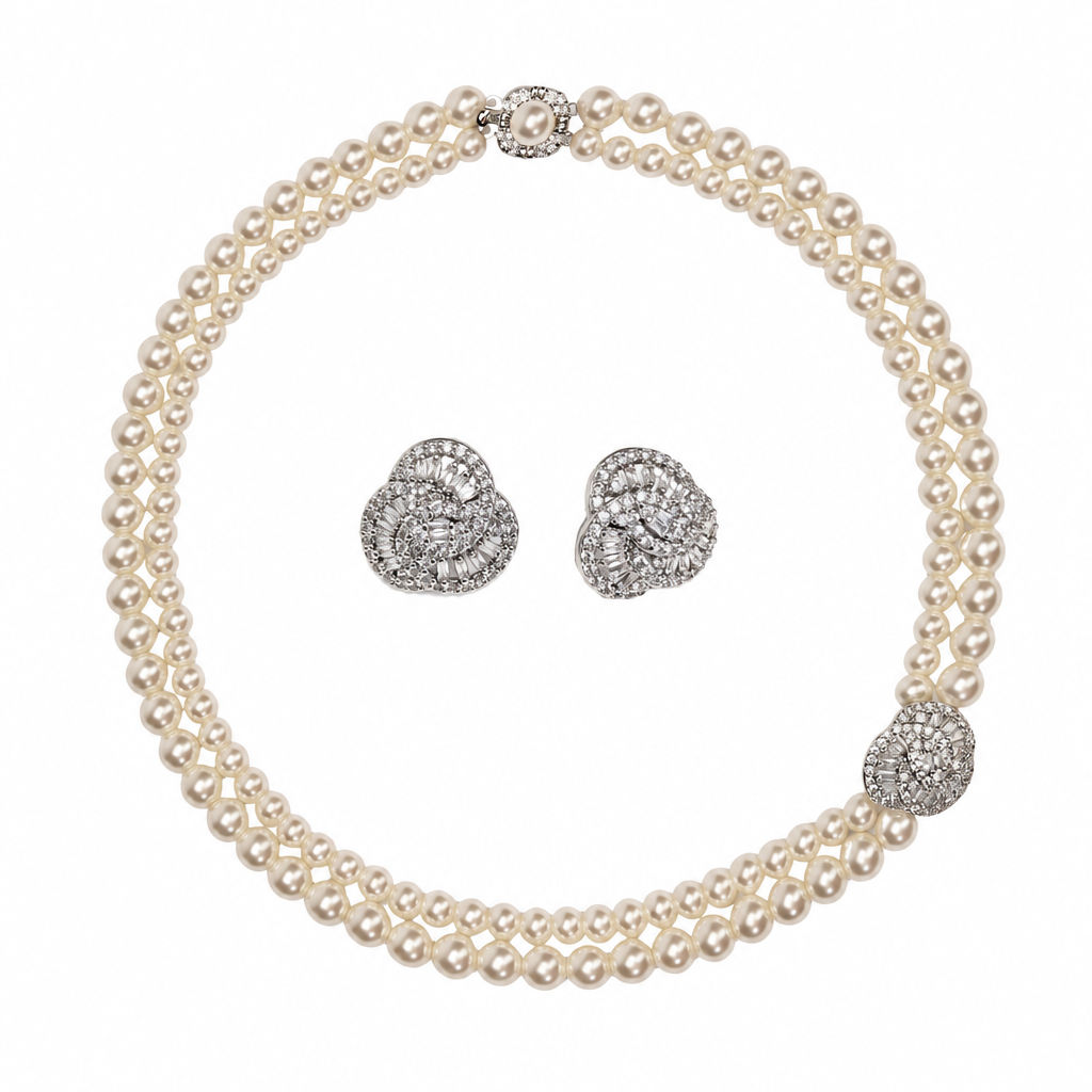 Crystal earrings centred inside the pearl necklace