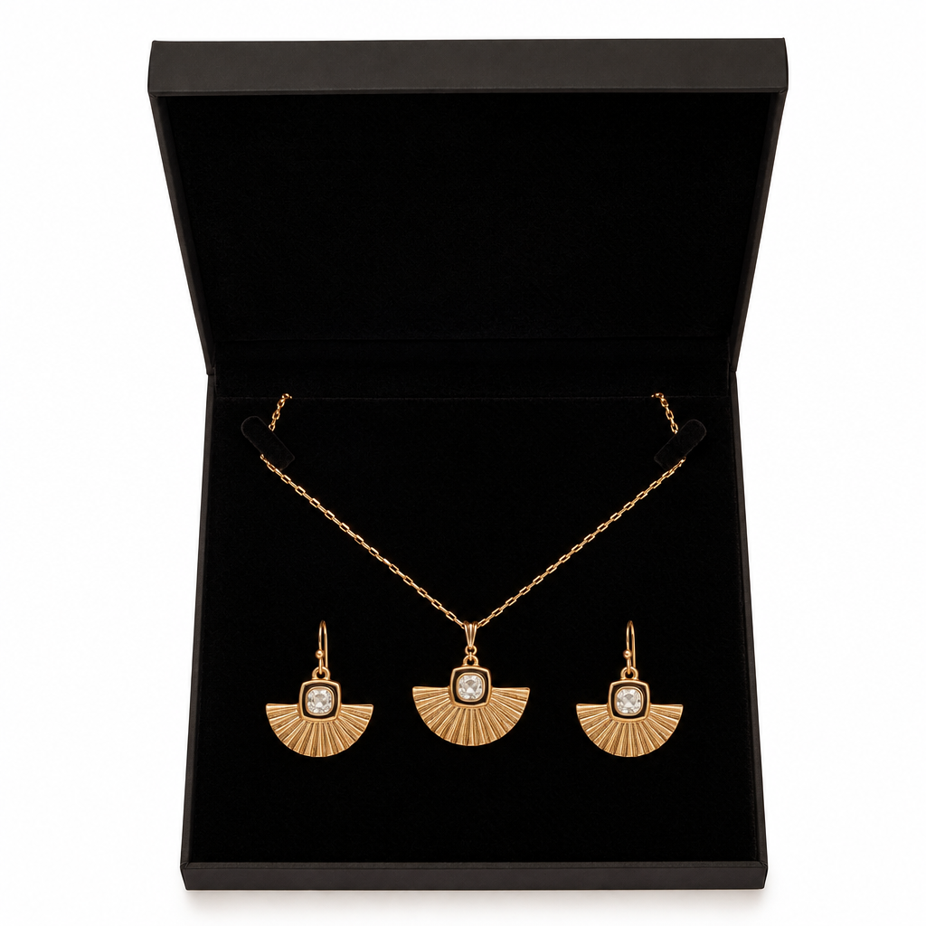 Gold necklace and earrings in the gift box