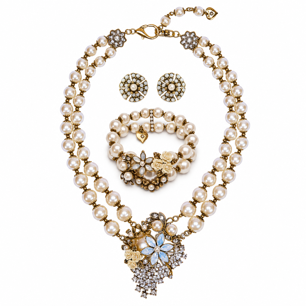 Necklace, bracelet and earrings arranged together