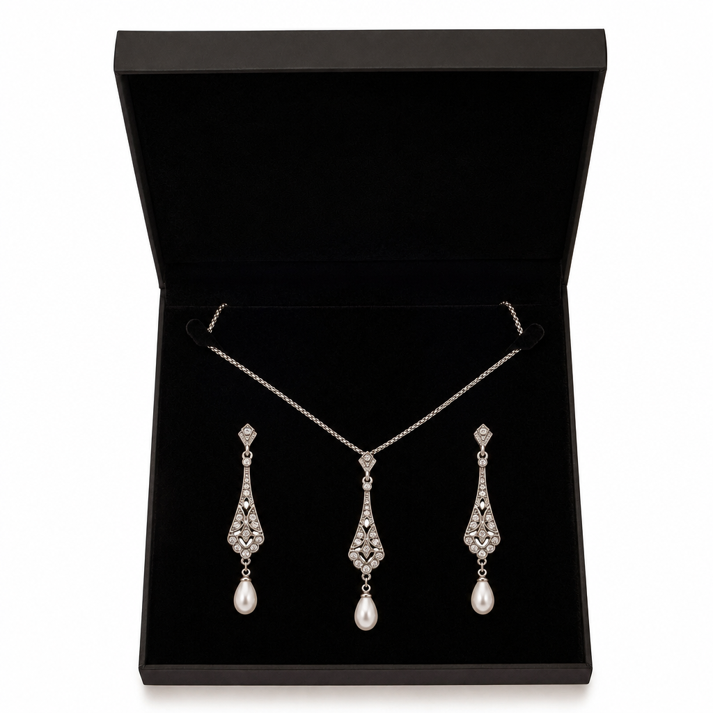 Pearl-drop jewellery set in the black gift box
