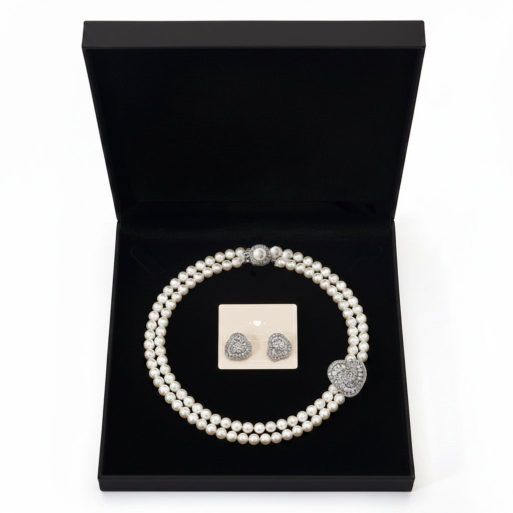 Grace Kelly 2 Row Pearl and Diamante Necklace and Earrings Gift Set by Lovett & Co