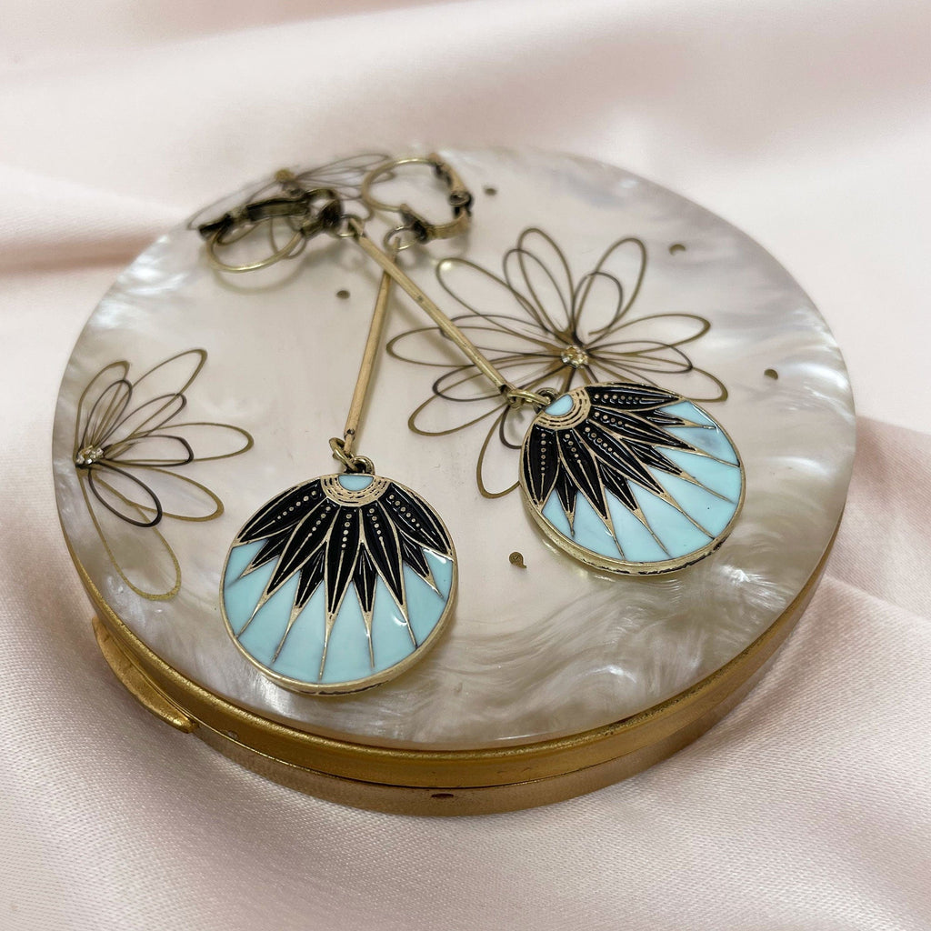 Disc Drop earrings: Vintage Art Deco Style Blue Disc Drop Earrings