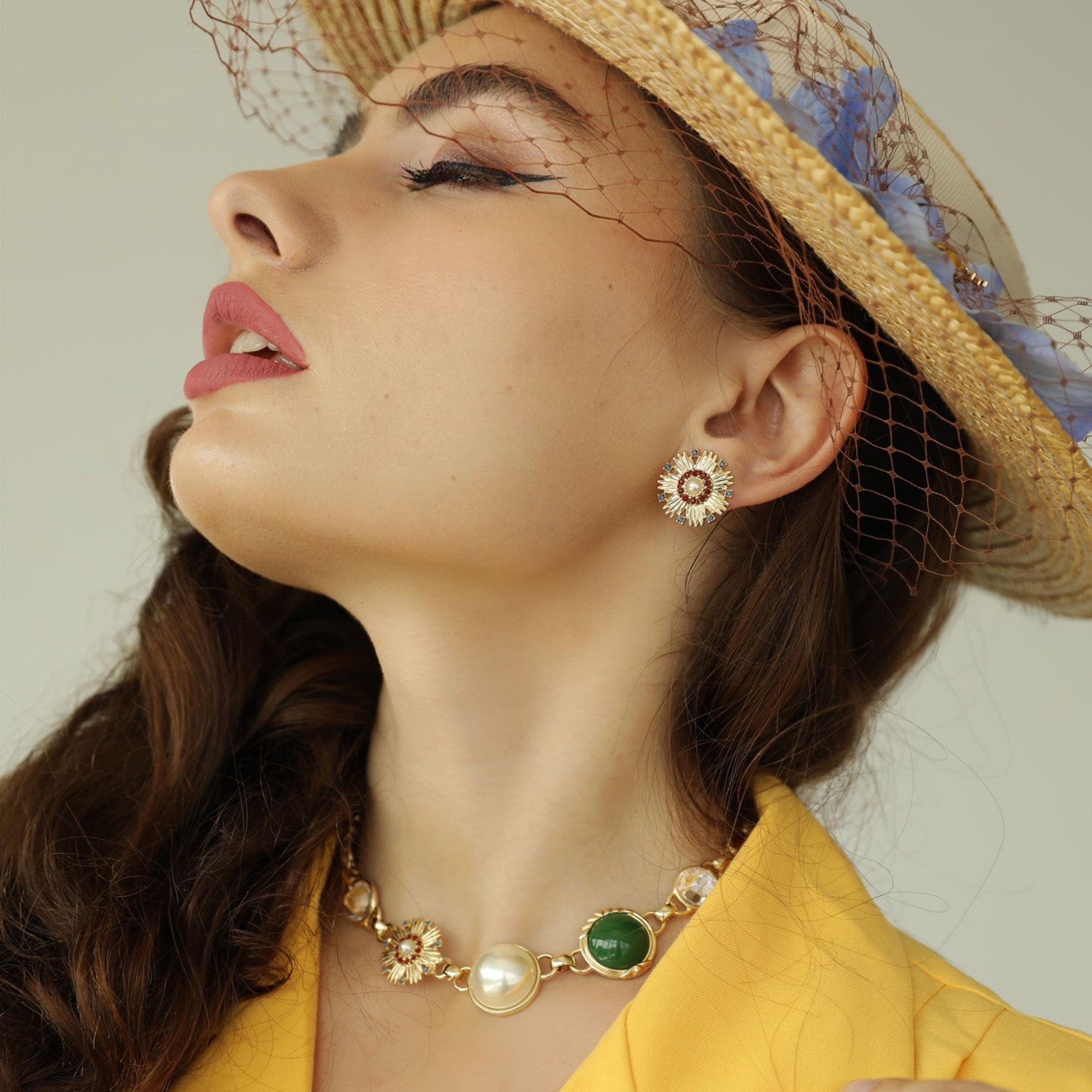 Cordelia Mix Stone and Swarovski ®Crystal Necklace and Starburst Earring with FREE gift Box
