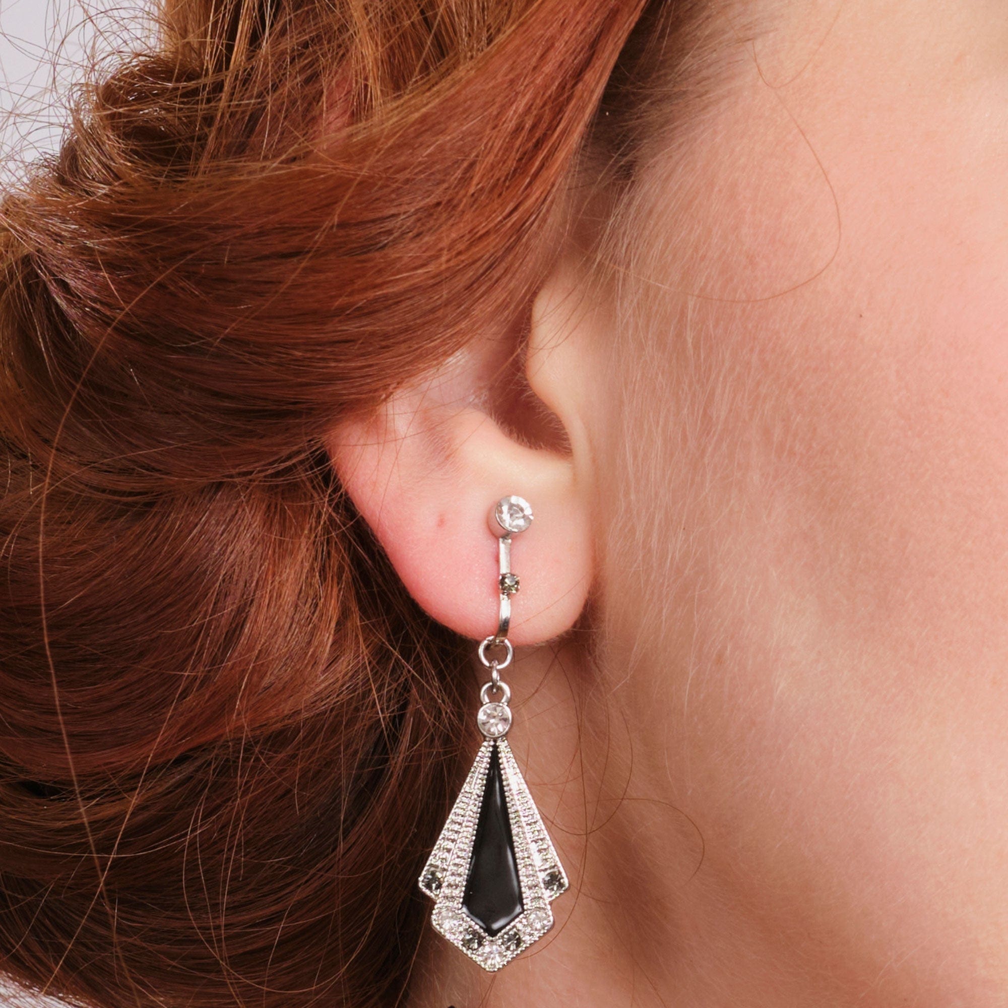Art Deco Black Clip On Enamel & Crystal Earrings Lovett & Co