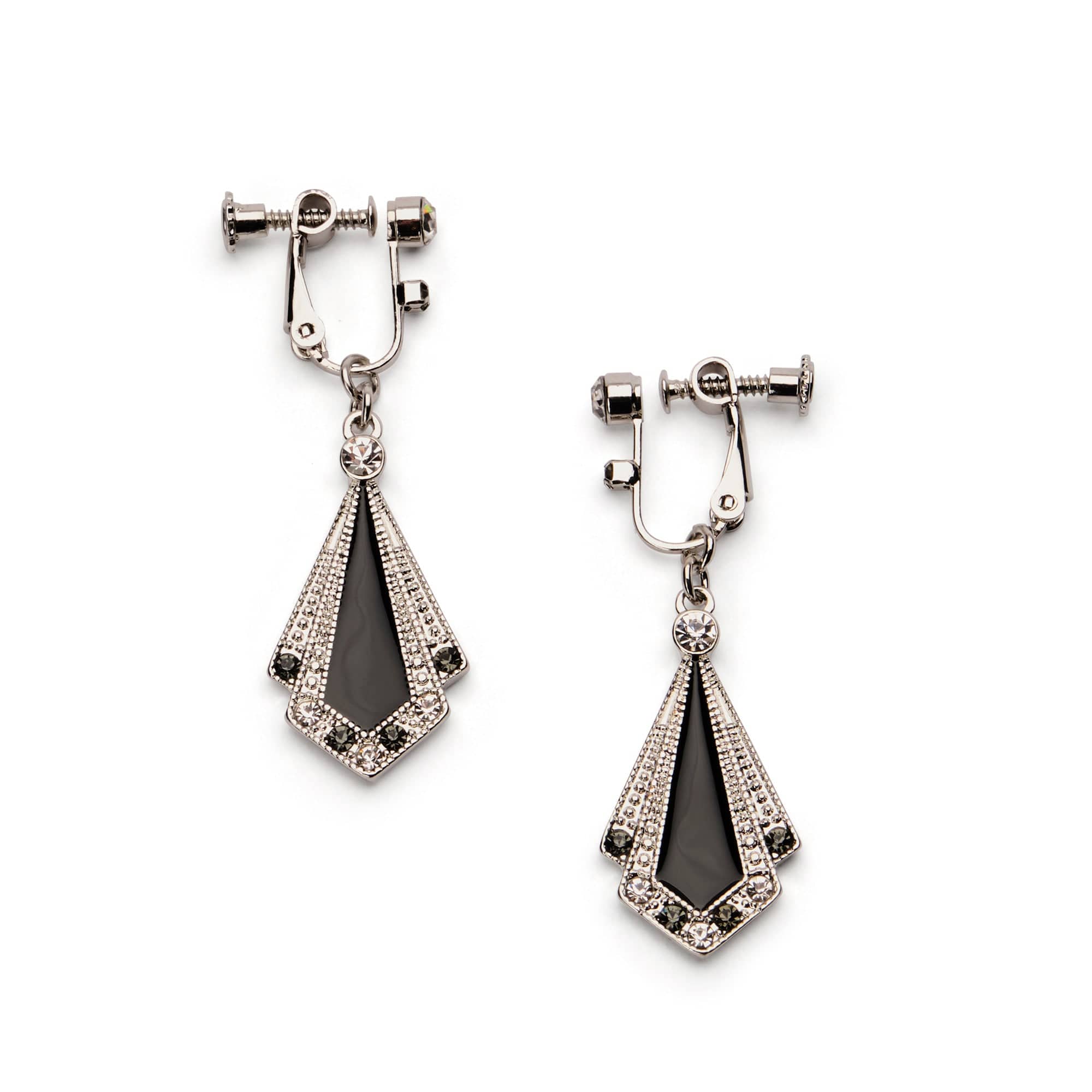 Art Deco Black Clip On Enamel & Crystal Earrings Lovett & Co