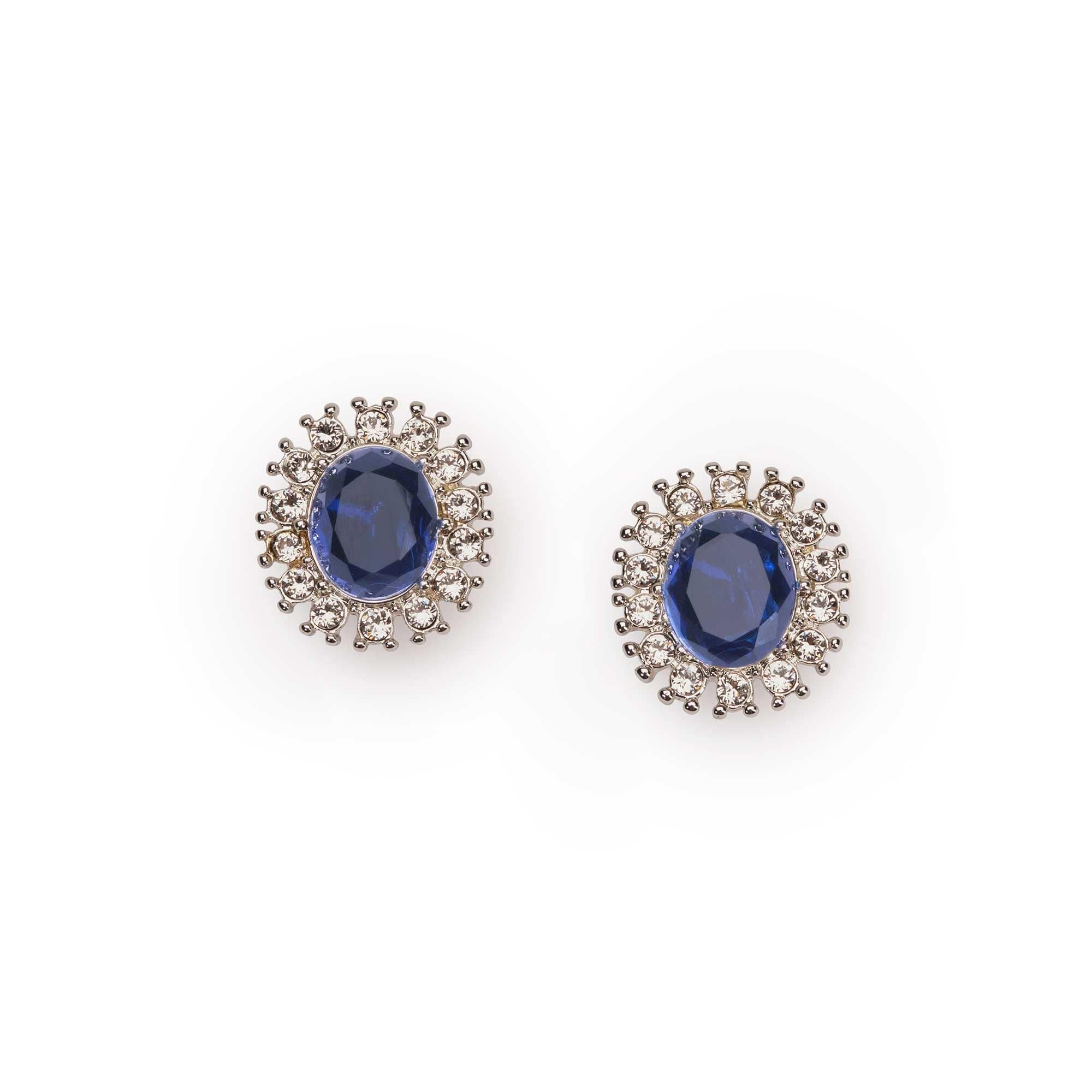 Lady Diana inspired stud earrings with a sapphire stone in a bed of crystals