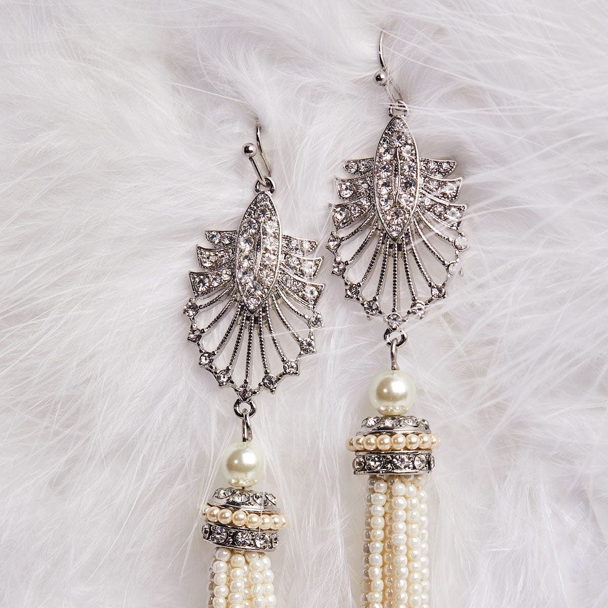 Art Deco 20s Flapper Girl Cream Tassel Long Drop Earrings by Lovett and Co