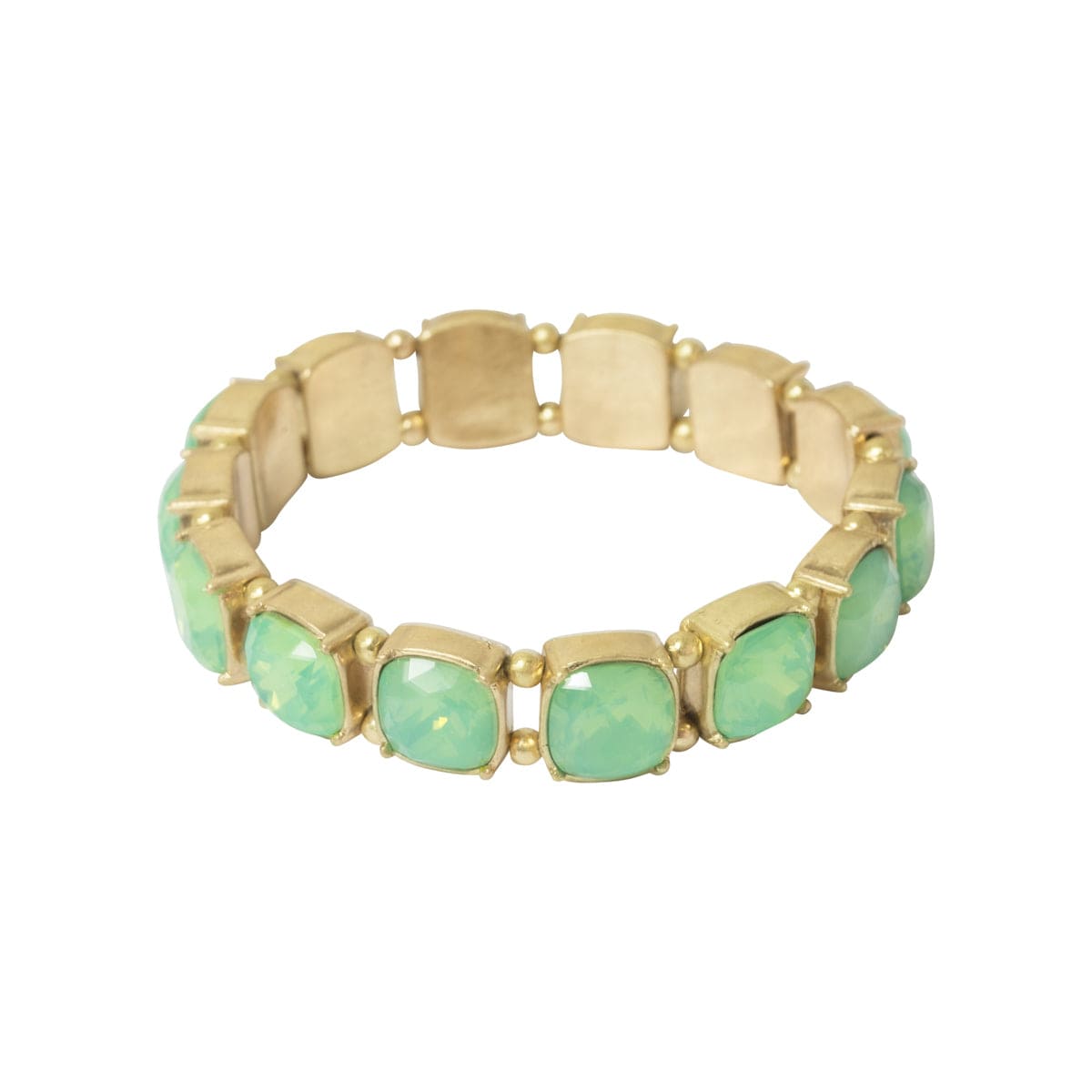 Image of vintage inspired elasticated cushion cut stone bracelet in green colour