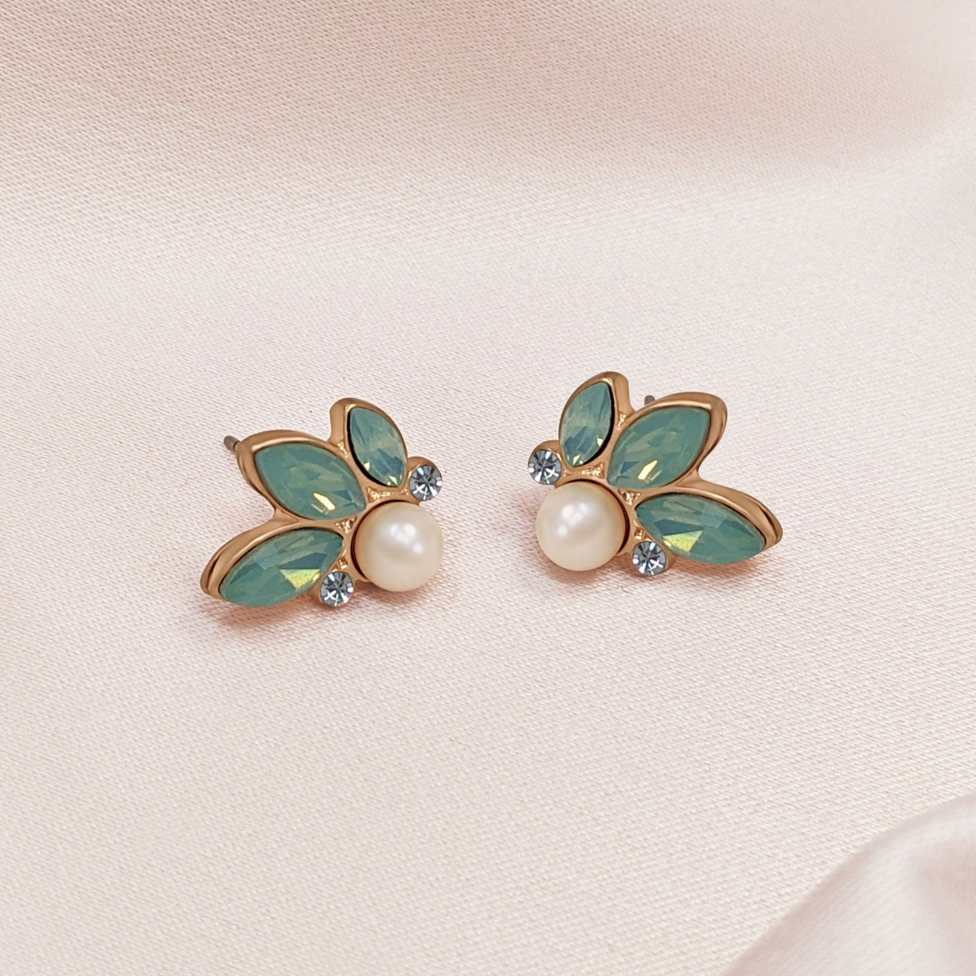 Green Opal Stone Leaf & Pearl Earrings  Lovett & Co