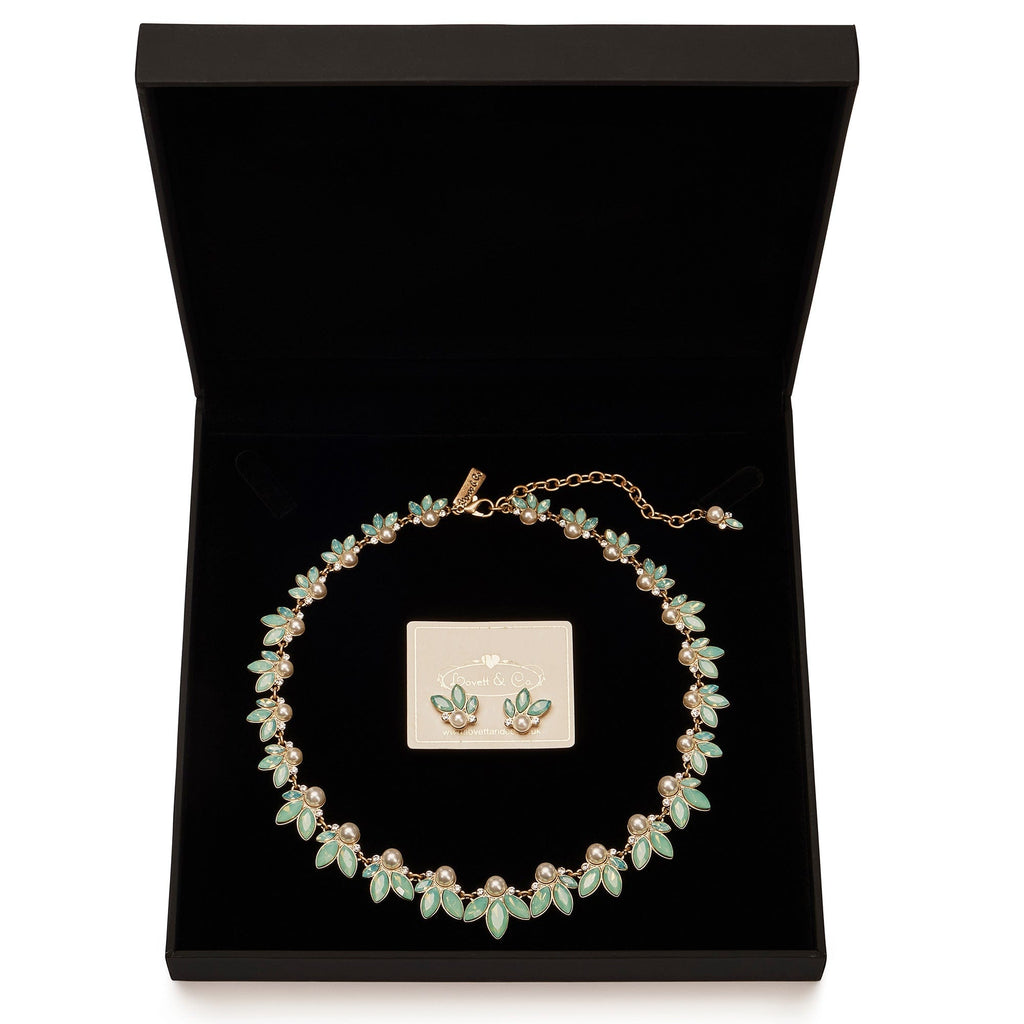 Vintage Jewellery Set: Opal Crystal Leaf & Pearl Necklace With Matching Crystal Studs Gift Set-Â£12 Gift Box Is Free