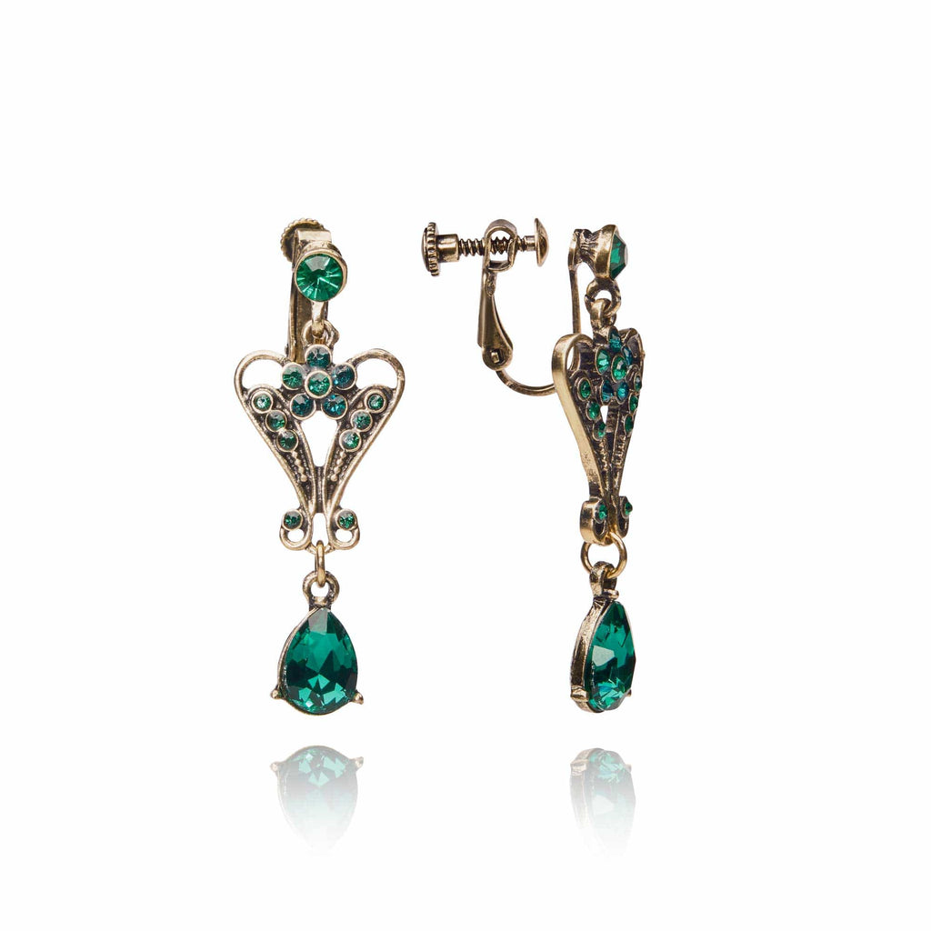 Pendeloque Clip on Crystal Drop Earrings: Emerald Earrings