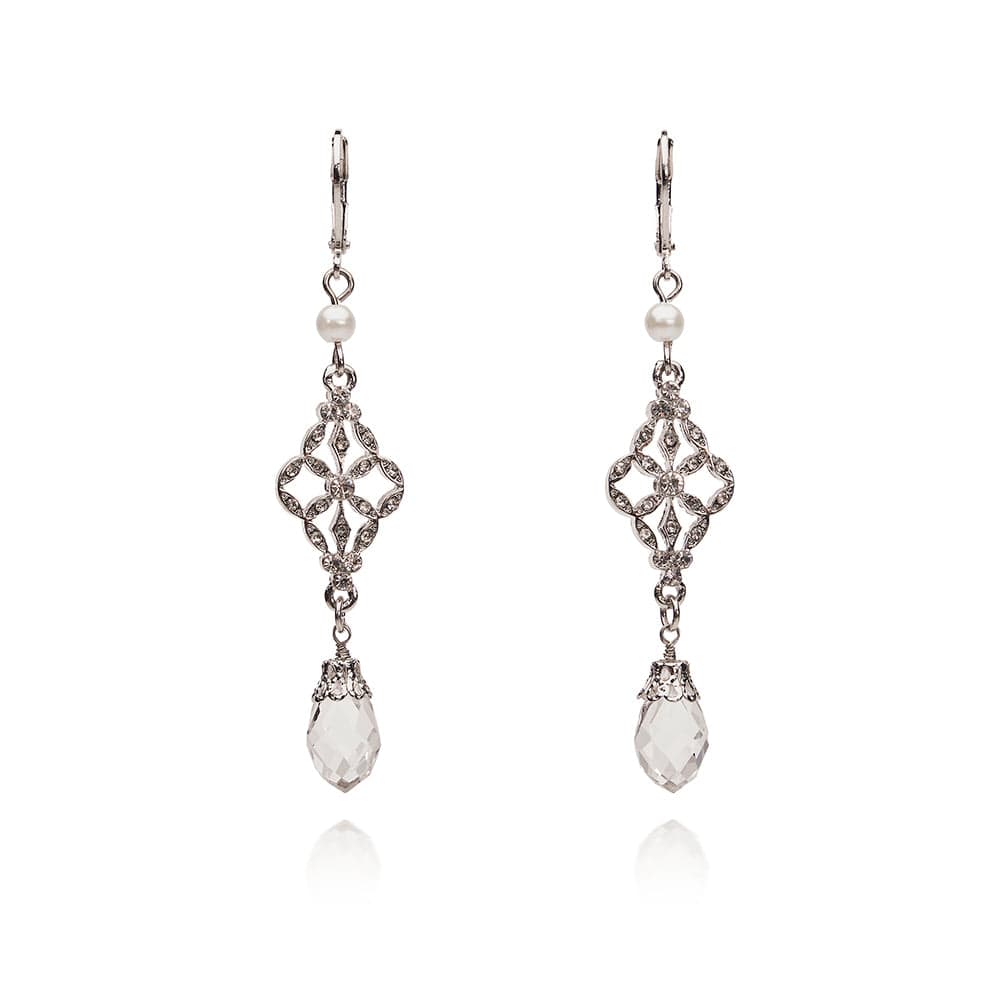 Victorian Style Silver and Glass Crystal Long Drop Earrings