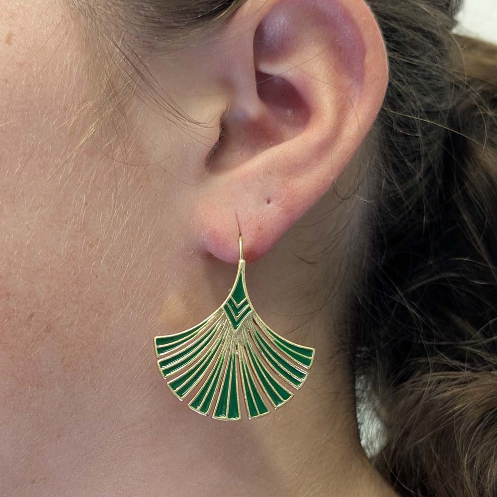 Green Art Deco Palm Leaf Earrings: Green Drop Earrings