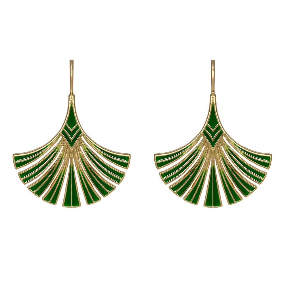 Green Art Deco Palm Leaf Earrings: Green Drop Earrings