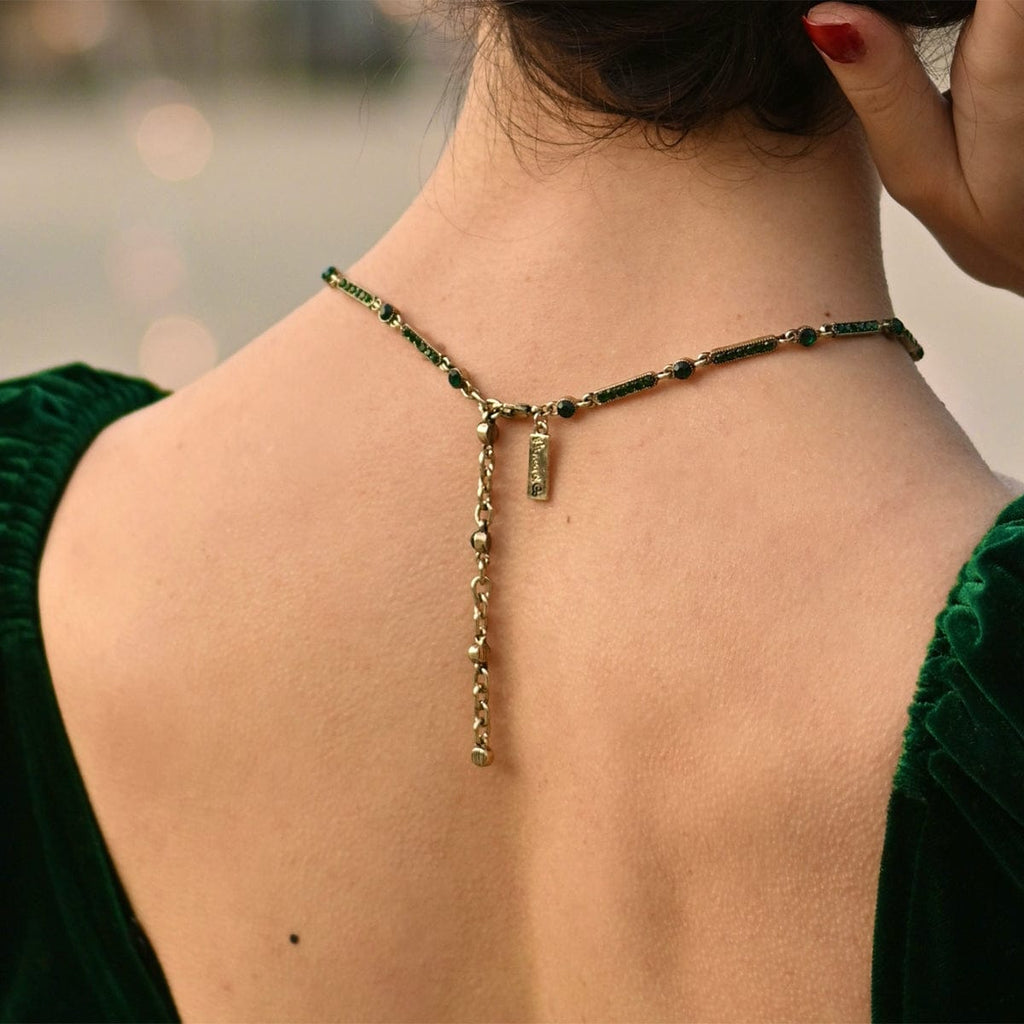 Brass and Emerald Art Deco pendant Necklace: 1920s crystal necklace