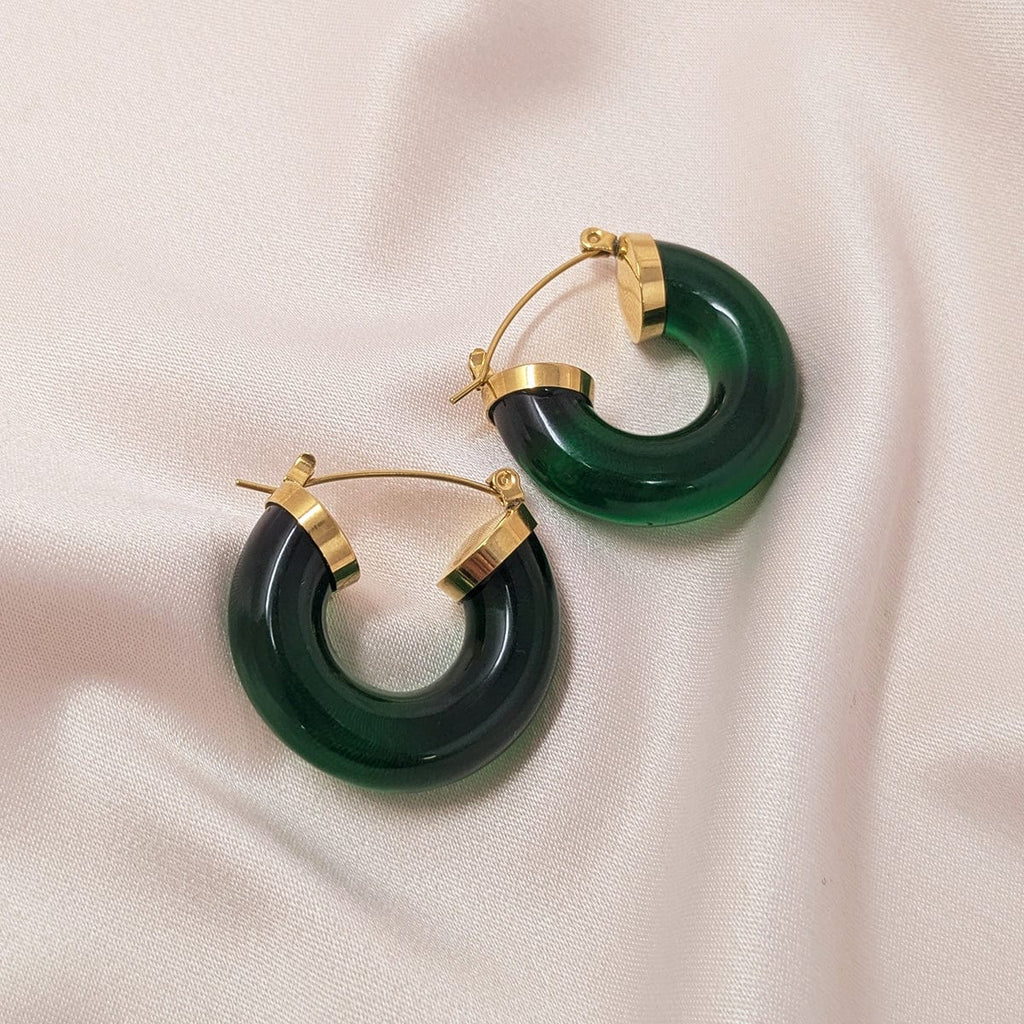 Chunky Green and Gold Resin Vintage Hoop Earrings: Gold and Green Earrings