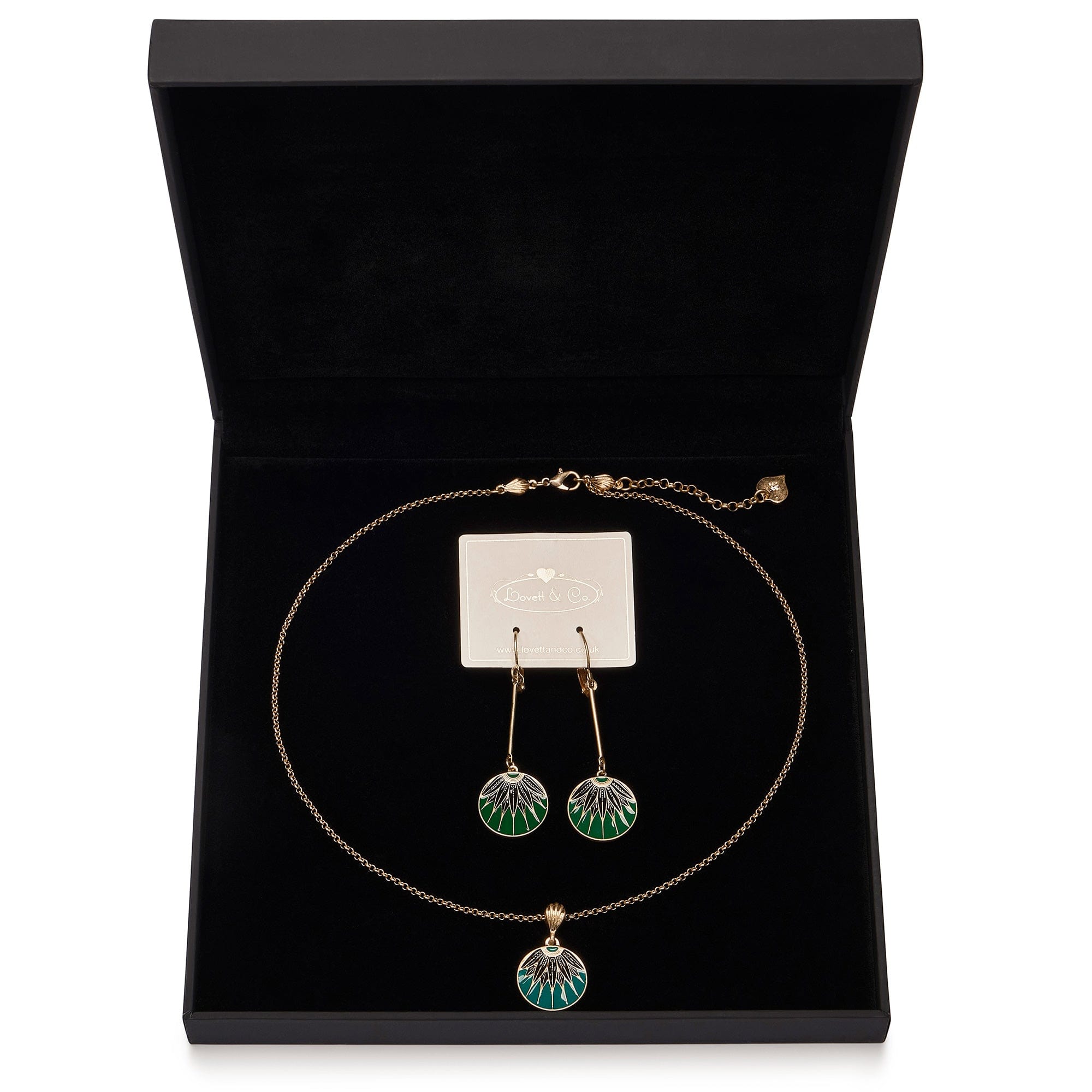 Emerald Enamel Art Deco Disc Earrings and Necklace Set  Lovett & Co