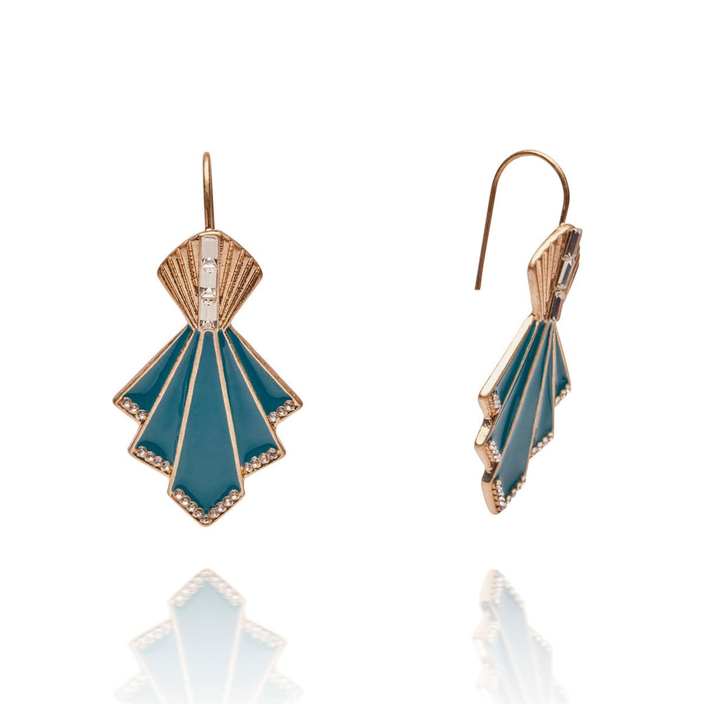 Teal & Gold Art Deco Fan Earrings: 1920s Earrings