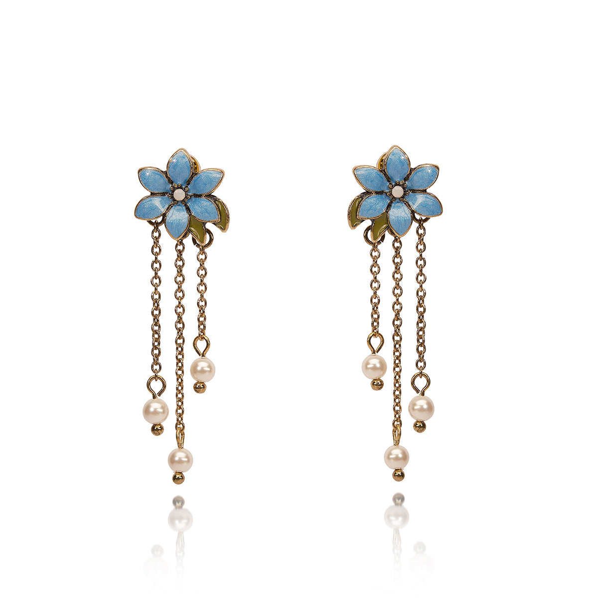 Long pearlised blue flower drop earrings  Lovett & Co