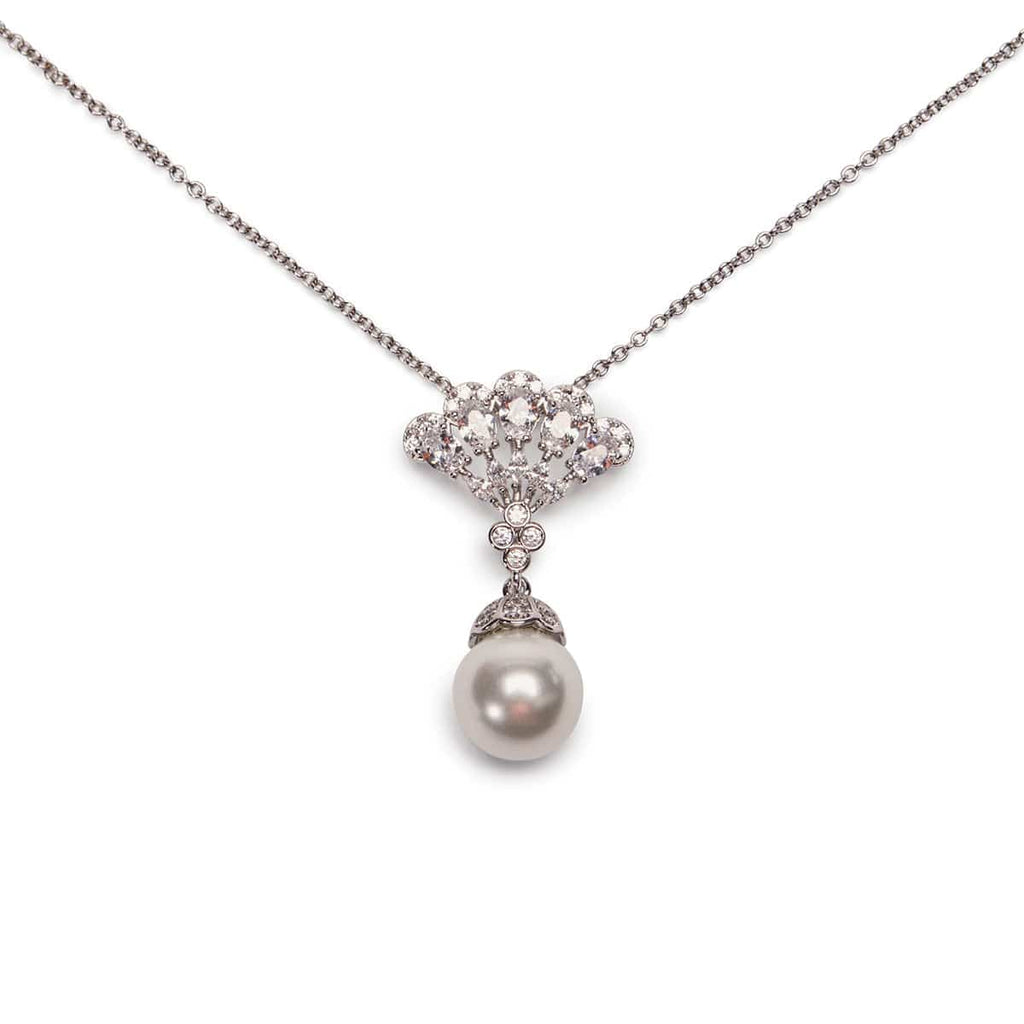 Cubic Zirconia Crystal Lace and Ivory Pearl Pendant Necklace