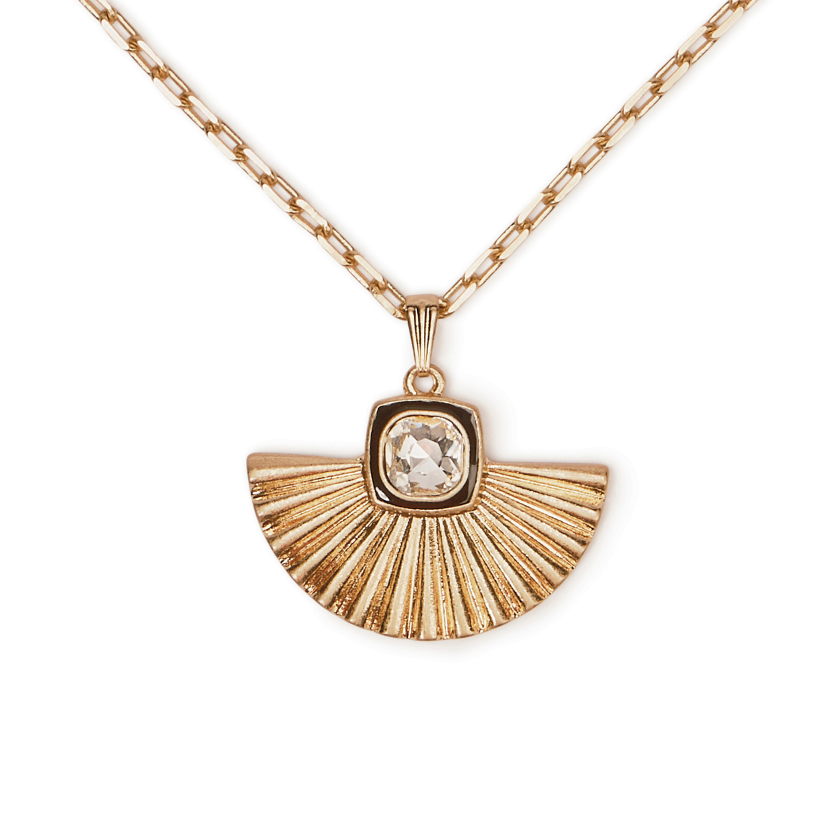 Art Deco Gold Fan Necklace with Paperclip Chain by Lovett and Co.