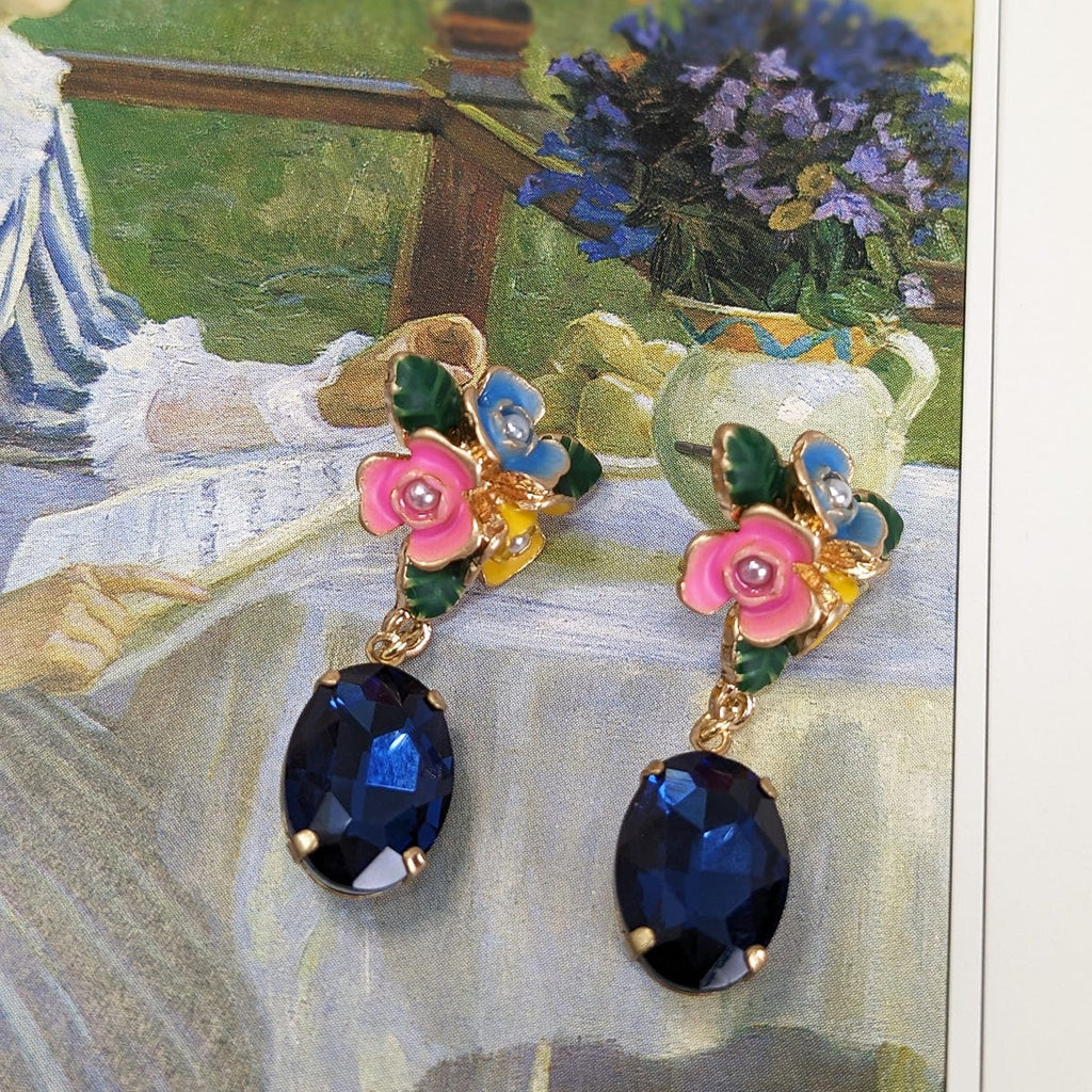 Hand painted stone dangle earrings : Sapphire Blue
