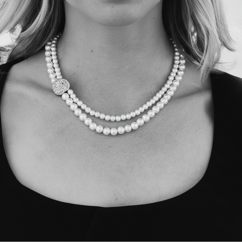 Grace kelly 2 row Pearl and Diamante Necklace  Lovett & Co