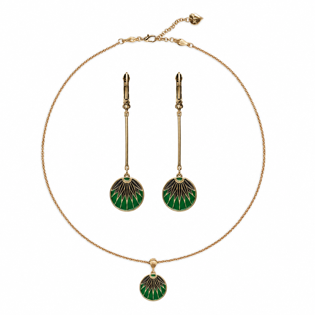 Green enamel earrings inside the necklace
