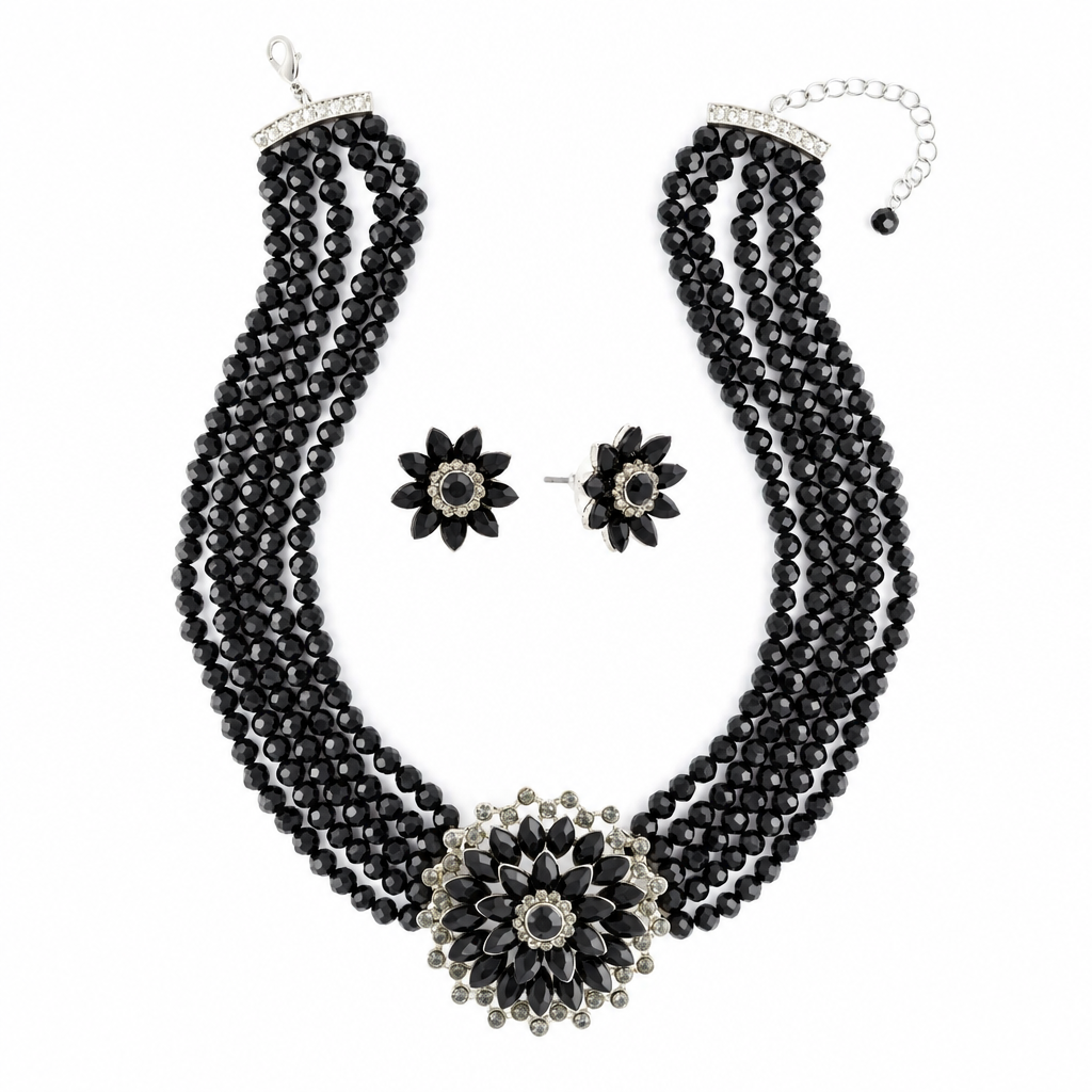 Jet flower earrings inside the necklace
