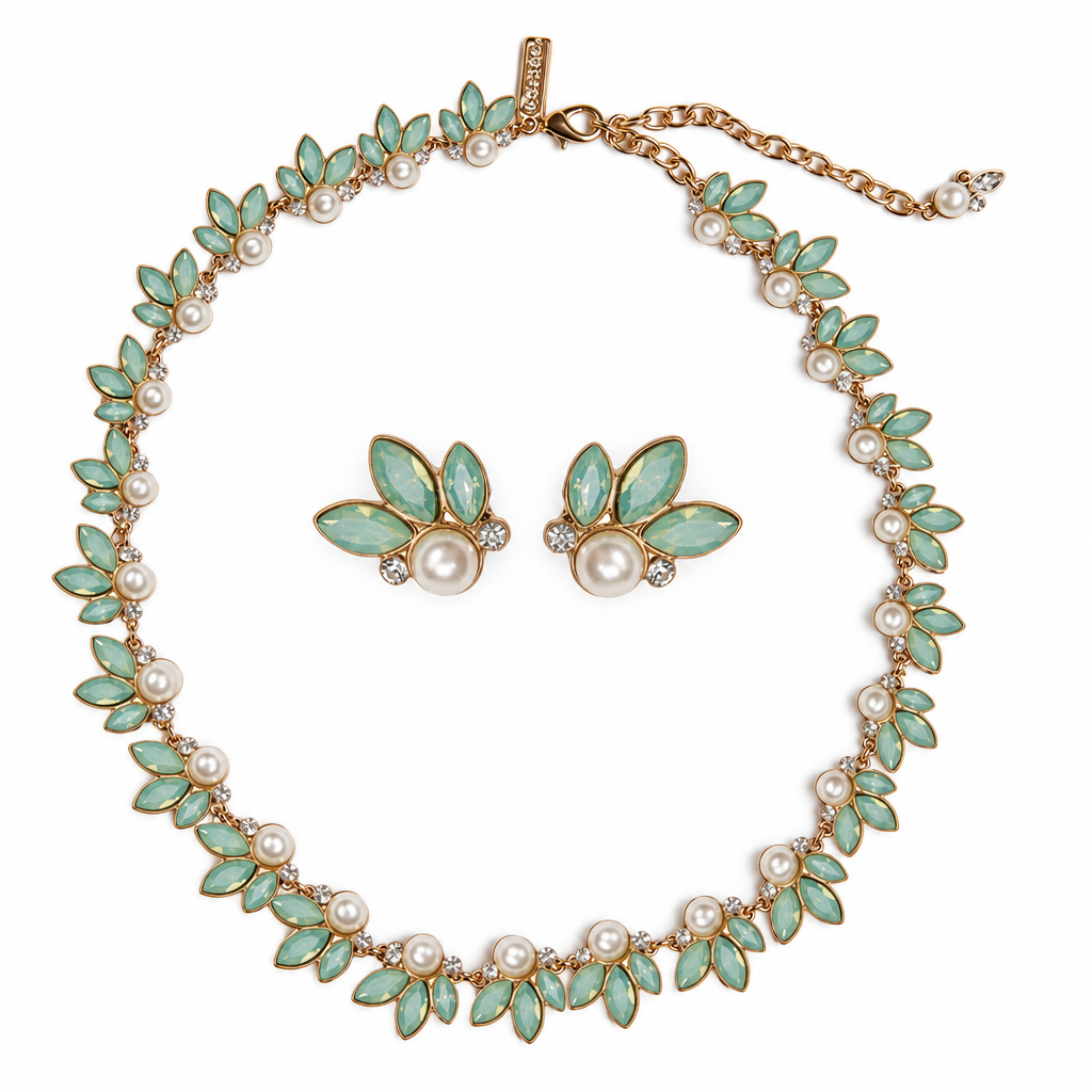 Leaf-and-pearl earrings inside the necklace