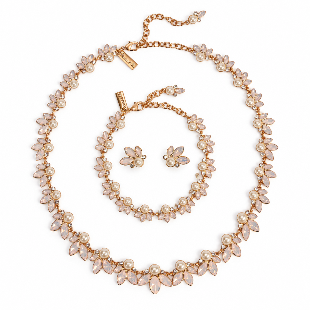 Necklace, bracelet and earrings arranged together
