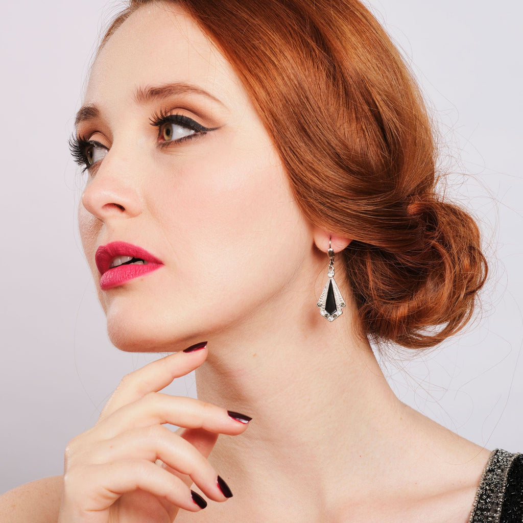 Vintage Art Deco Earrings: Hand painted Black Enamel Earrings With Swarovski Crystals
