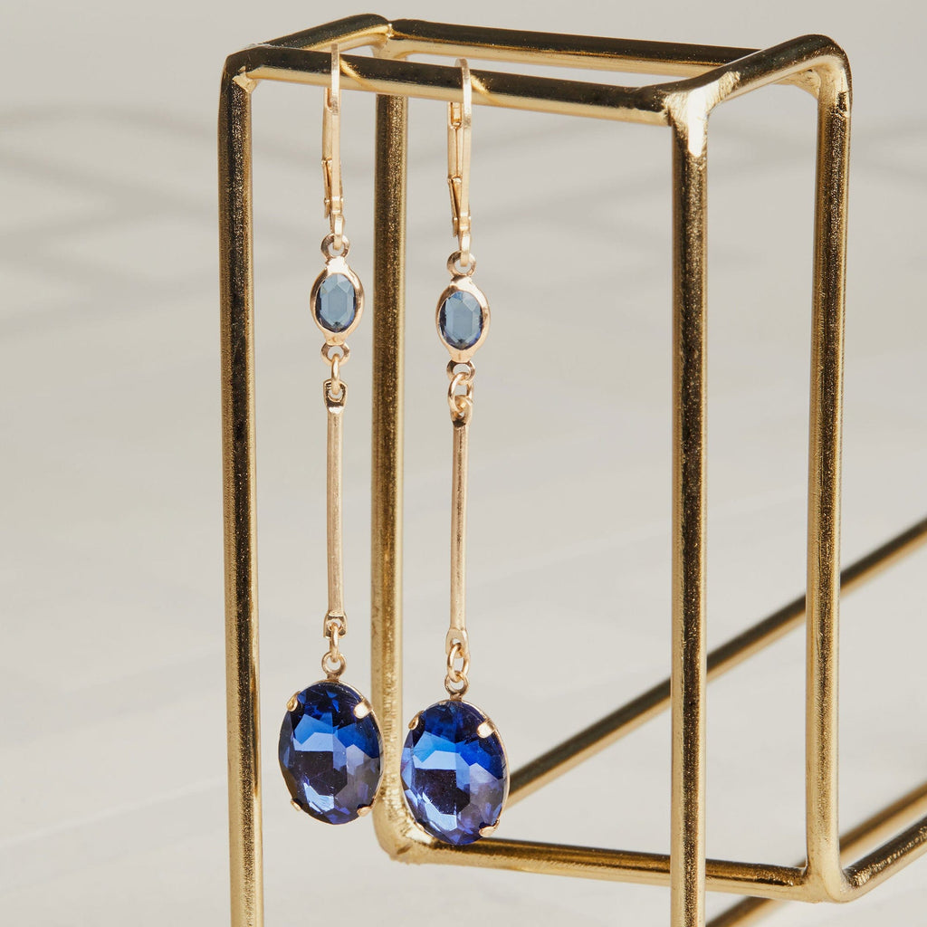 Oval Drop Earrings: Vintage Blue Long Drop Crystal Earrings