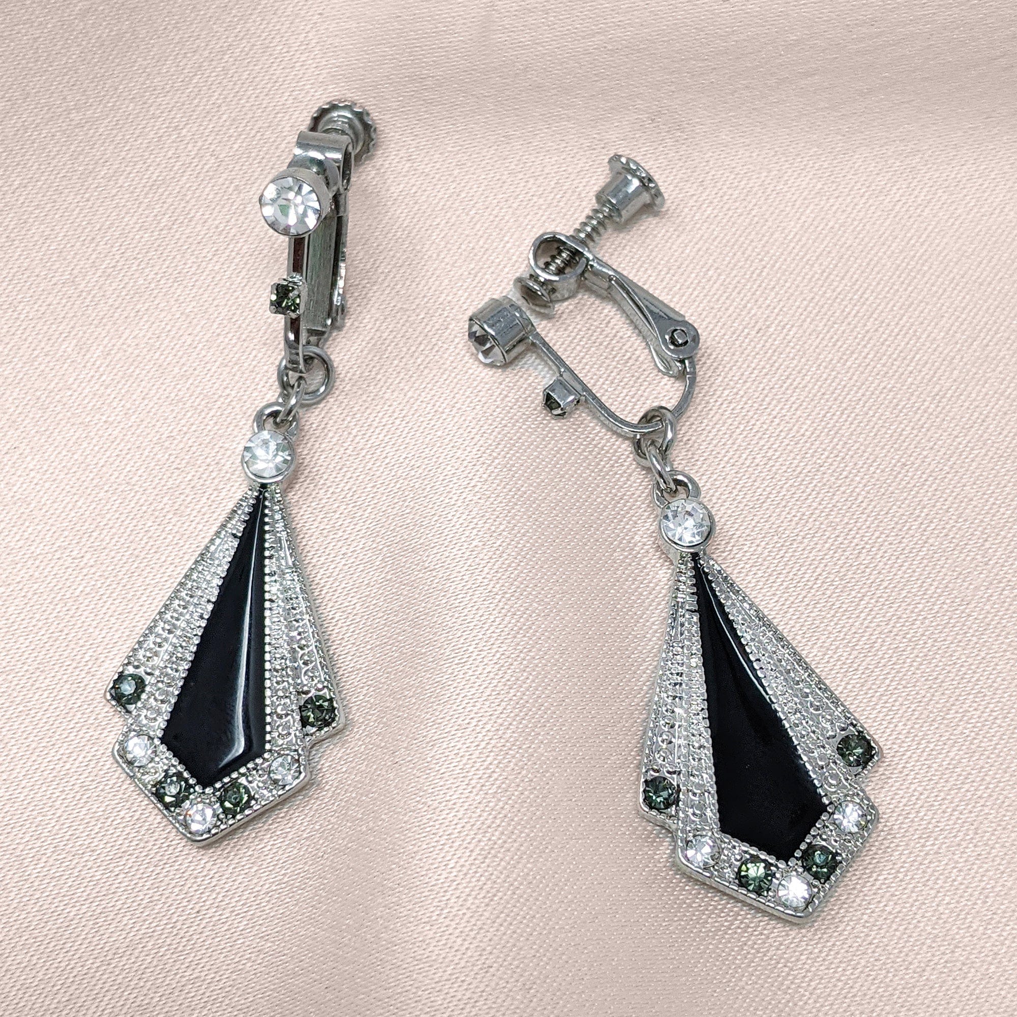 Art Deco Black Clip On Enamel & Crystal Earrings  Lovett & Co