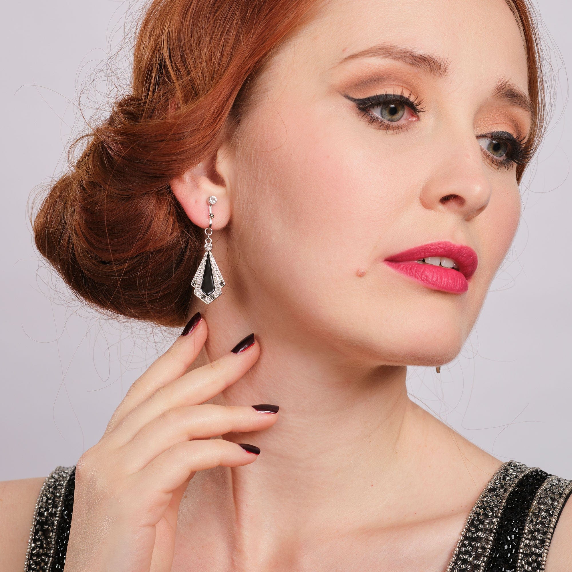 Art Deco Black Clip On Enamel & Crystal Earrings  Lovett & Co