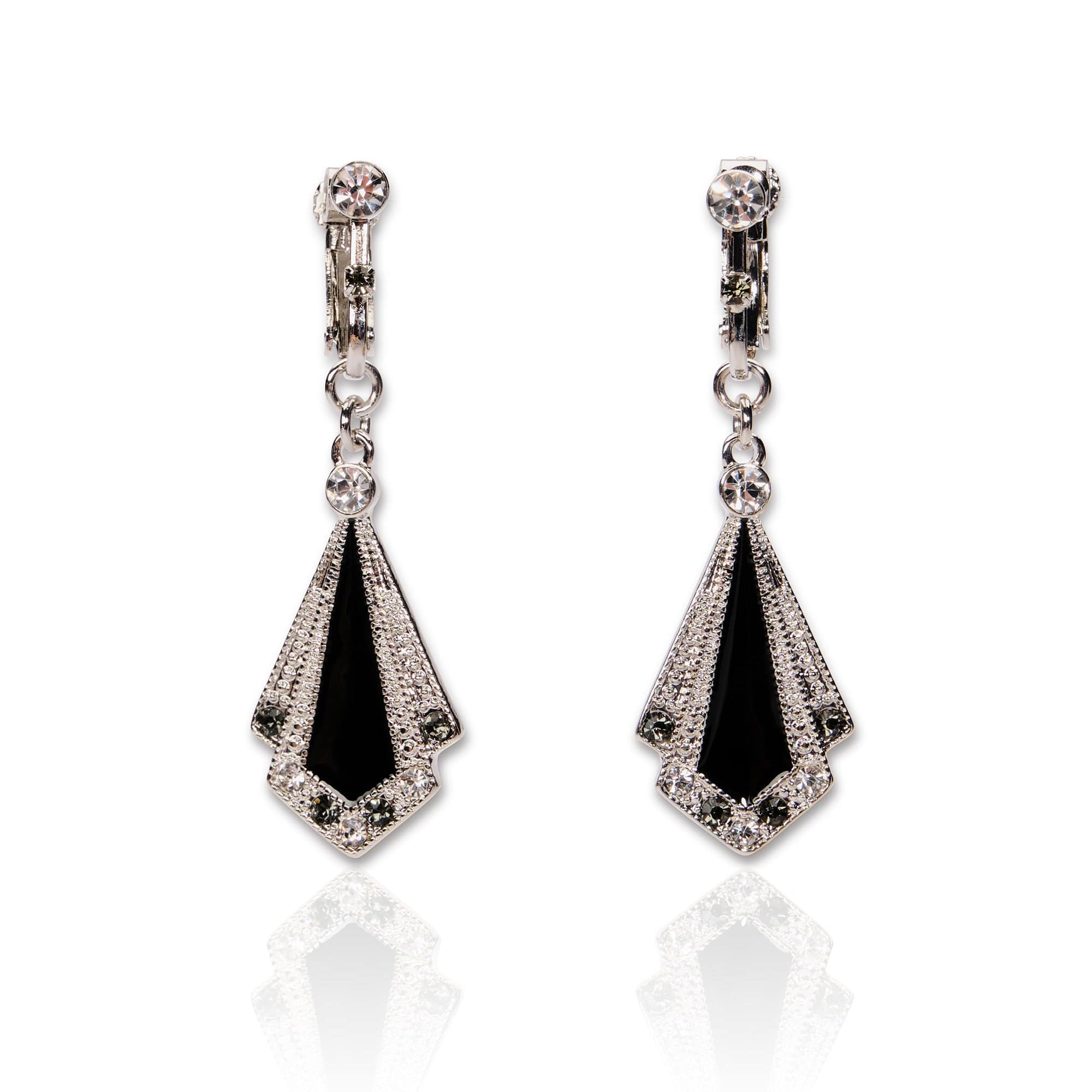 Art Deco Black Clip On Enamel & Crystal Earrings  Lovett & Co