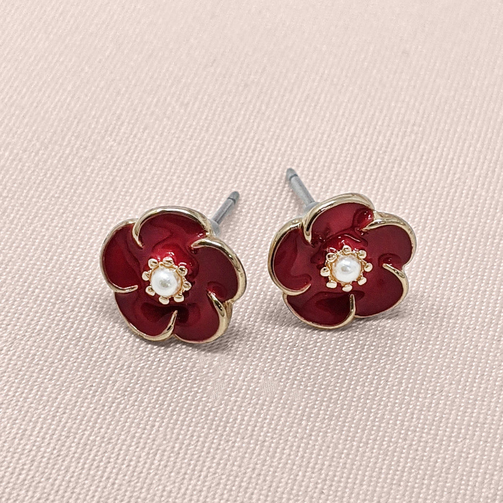 Red Rose Earrings: 1950s Style Red Rose & Pearl Studs
