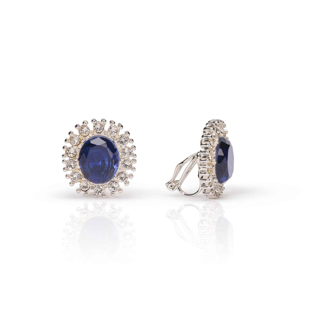 Lady Diana Inspired Clip on Sapphire Stone earrings in a bed of crystals