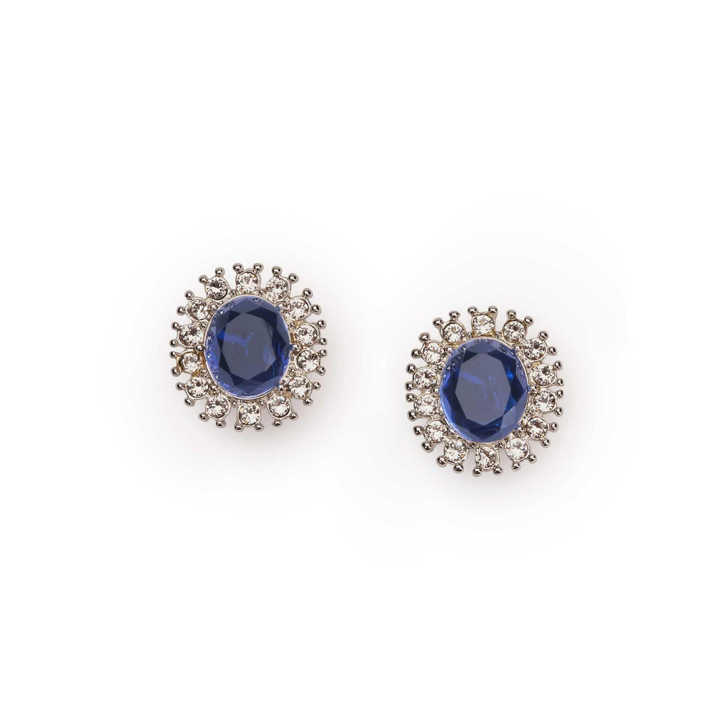 Lady Diana inspired stud earrings with a sapphire stone in a bed of crystals 
