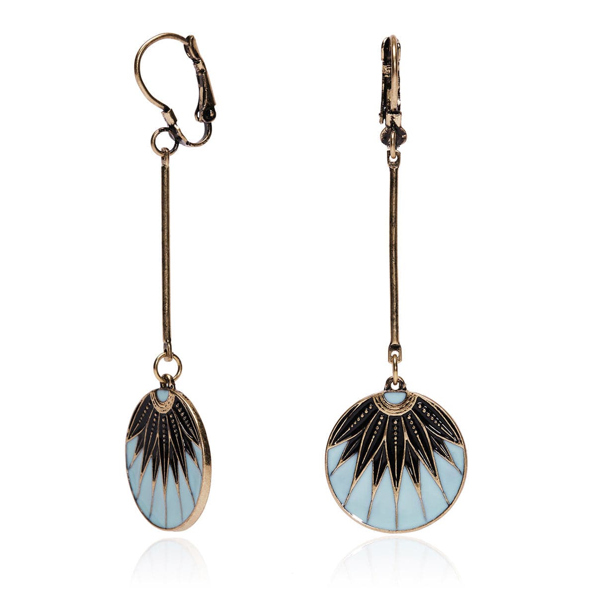 Art Deco 20s Vintage inspired leaf print disc drop earrings in blue by Lovett and Co