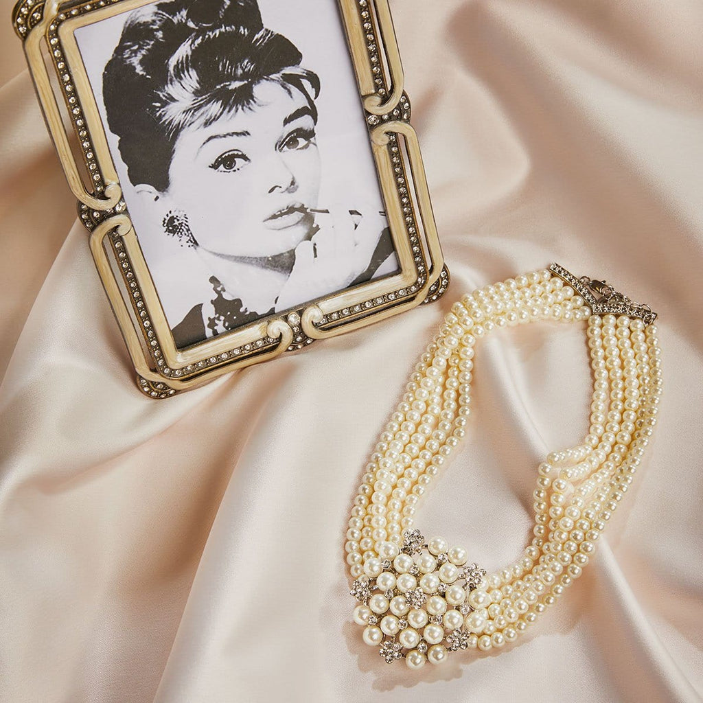 Audrey Hepburn Inspired Necklace: 5 Row Glass Pearl Choker