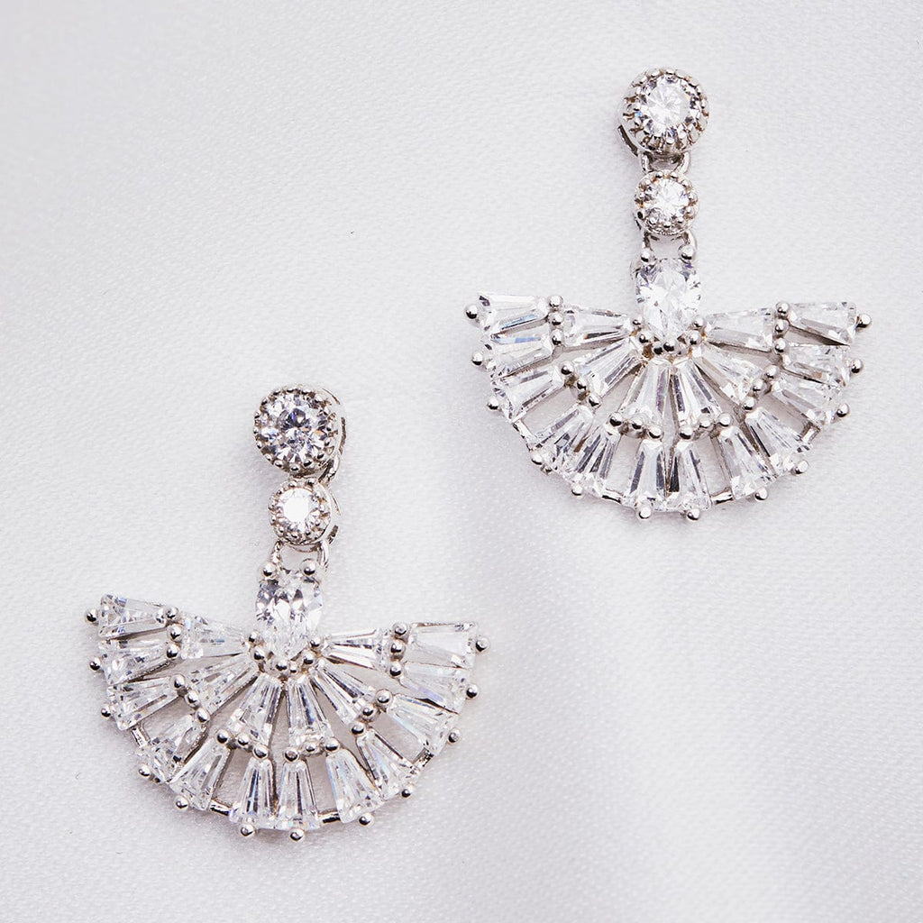Image of 1920's inspired vintage bridal crystal short drop earrings in fan shape. Ideal gift for her on any special occasion and best suited for vintage brides
