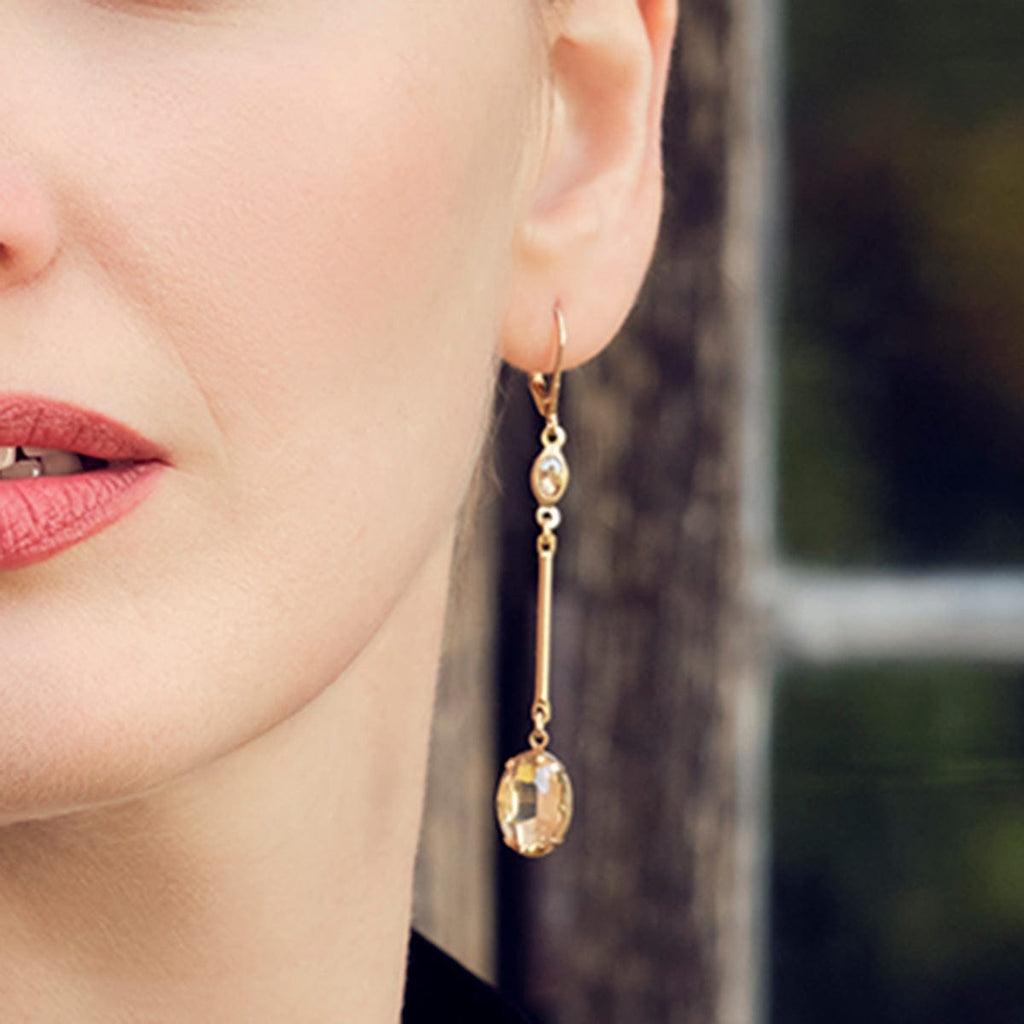 Oval Stone Earrings: Long Drop Gold Oval Stone Earrings