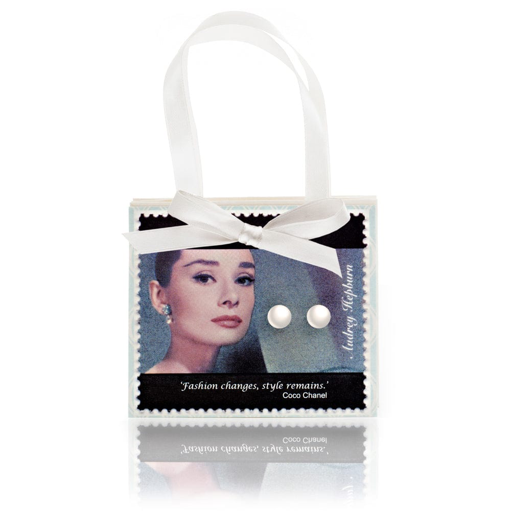 Picture of cream pearl stud earrings with Audrey Hepburn postcard and vintage inspired quote from coco Chanel. Ideal as vintage inspired gift